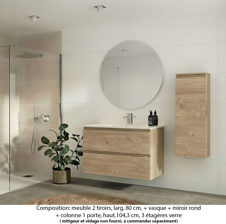 Ensemble meuble de salle de bain Oxford 80 cm chêne sanremo, plan vasque marbre reconstitué, 2 tiroirs , miroir rond , colonne P.17 cm x H. 104 cm