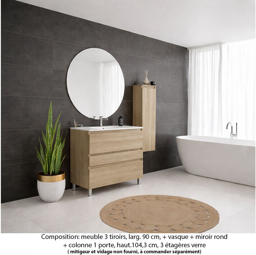 Ensemble meuble de salle de bain Oxford 90 cm chêne sanremo, plan vasque marbre reconstitué, 3 tiroirs , miroir rond , colonne P.17 cm x H. 104 cm
