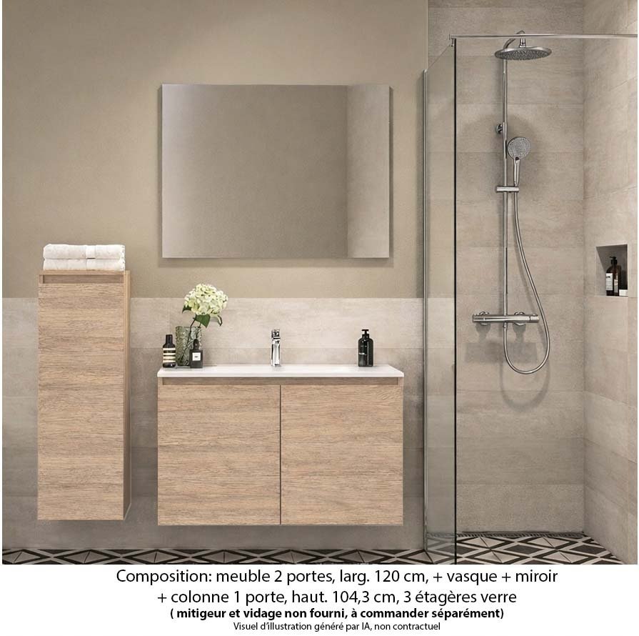 Ensemble meuble de salle de bain Oxford 80 cm chêne sanremo, plan vasque marbre reconstitué, 2 portes , miroir simple , colonne P. 17 cm x H. 104 cm
