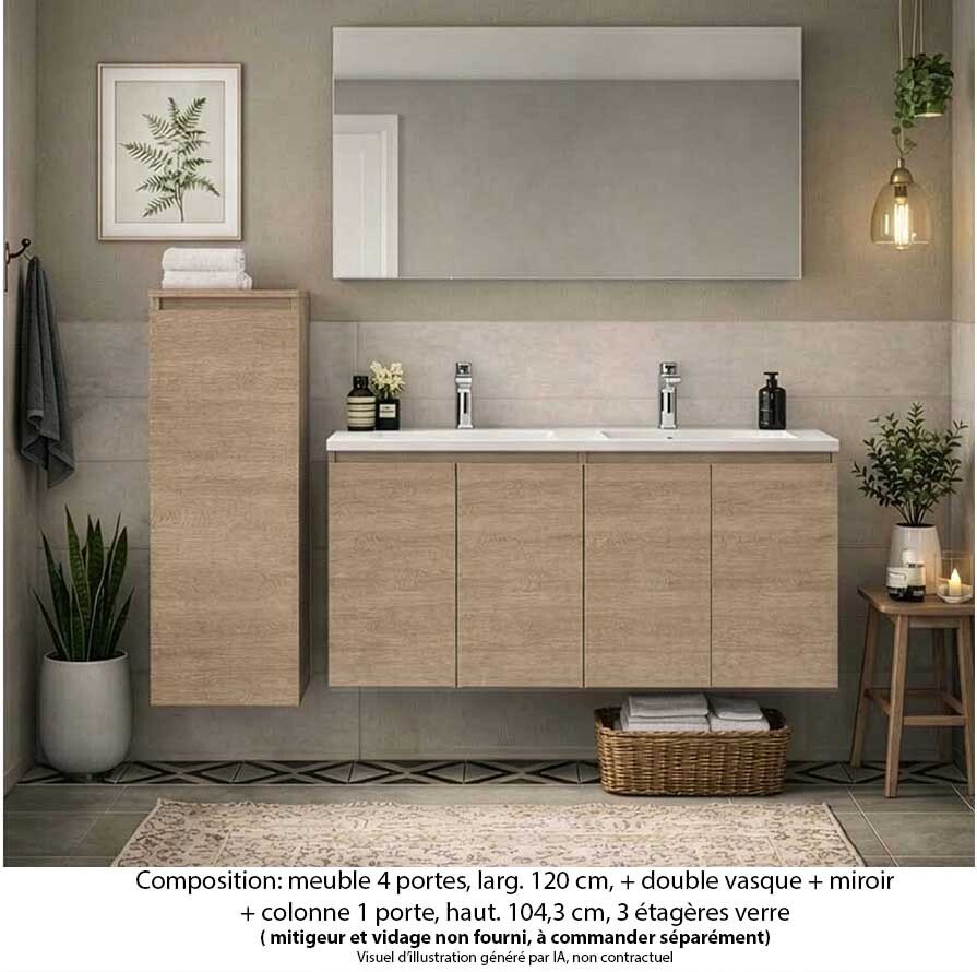 Ensemble meuble de salle de bain Oxford 140 cm chêne sanremo, plan vasque marbre reconstitué, 4 portes , miroir simple , colonne P. 17 cm x H. 104 cm