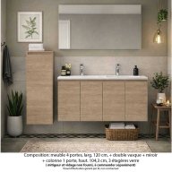 Ensemble meuble de salle de bain Oxford 140 cm chêne sanremo, plan vasque marbre reconstitué, 4 portes , miroir simple , colonne P. 17 cm x H. 104 cm