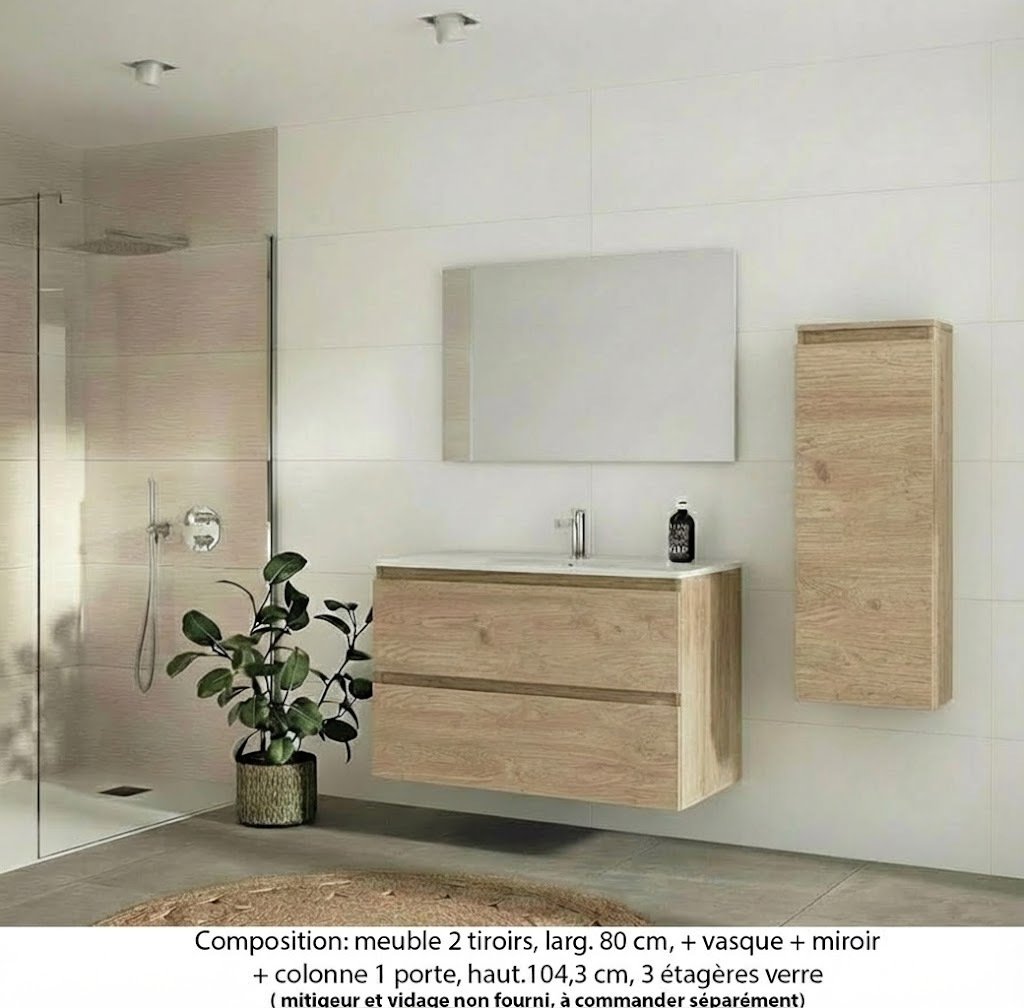 Ensemble meuble de salle de bain Oxford 80 cm chêne sanremo, plan vasque marbre reconstitué, 2 tiroirs , miroir simple , colonne P.17 cm x H. 104 cm