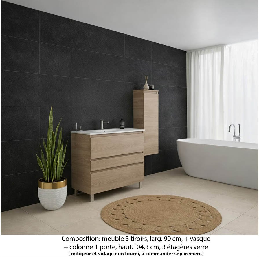 Ensemble meuble de salle de bain Oxford 80 cm chêne Sanremo, plan vasque marbre reconstitué,  3 tiroirs + colonne P. 35 cm x H. 104 cm