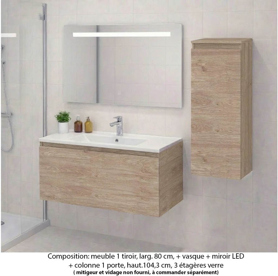 Ensemble meuble de salle de bain Oxford 80 cm chêne Sanremo, plan vasque marbre reconstitué,  1 tiroir + colonne P. 35 cm x H. 104 cm , miroir LED