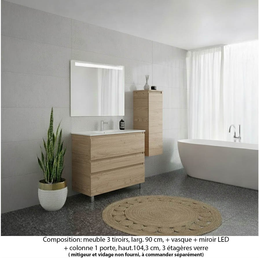 Ensemble meuble de salle de bain Oxford 80 cm chêne Sanremo, plan vasque marbre reconstitué,  3 tiroirs + colonne P. 35 cm x H. 104 cm , miroir LED