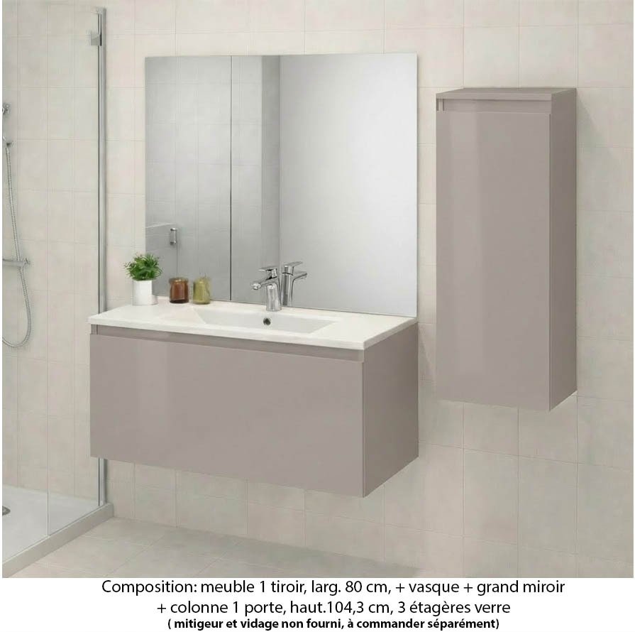 Ensemble meuble de salle de bain Oxford 100 cm chêne sanremo, plan vasque marbre reconstitué, 1 tiroir , miroir plan , colonne P. 35 cm x H. 104 cm
