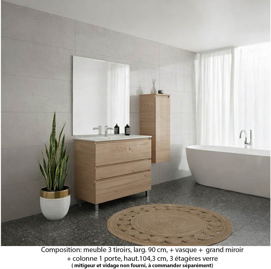 Ensemble meuble de salle de bain Oxford 80 cm chêne sanremo, plan vasque marbre reconstitué, 3 tiroirs , miroir plan , colonne P. 35 cm x H. 104 cm