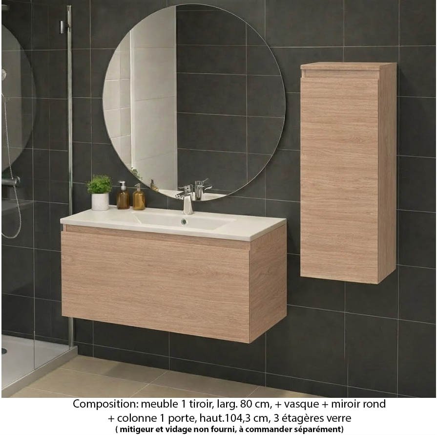 Ensemble meuble de salle de bain Oxford 100 cm chêne sanremo, plan vasque marbre reconstitué, 1 tiroir , miroir rond , colonne P. 35 cm x H. 104 cm
