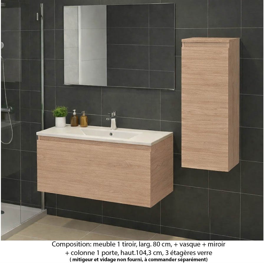 Ensemble meuble de salle de bain Oxford 80 cm chêne sanremo, plan vasque marbre reconstitué, 1 tiroir , miroir simple , colonne P. 35 cm x H. 104 cm