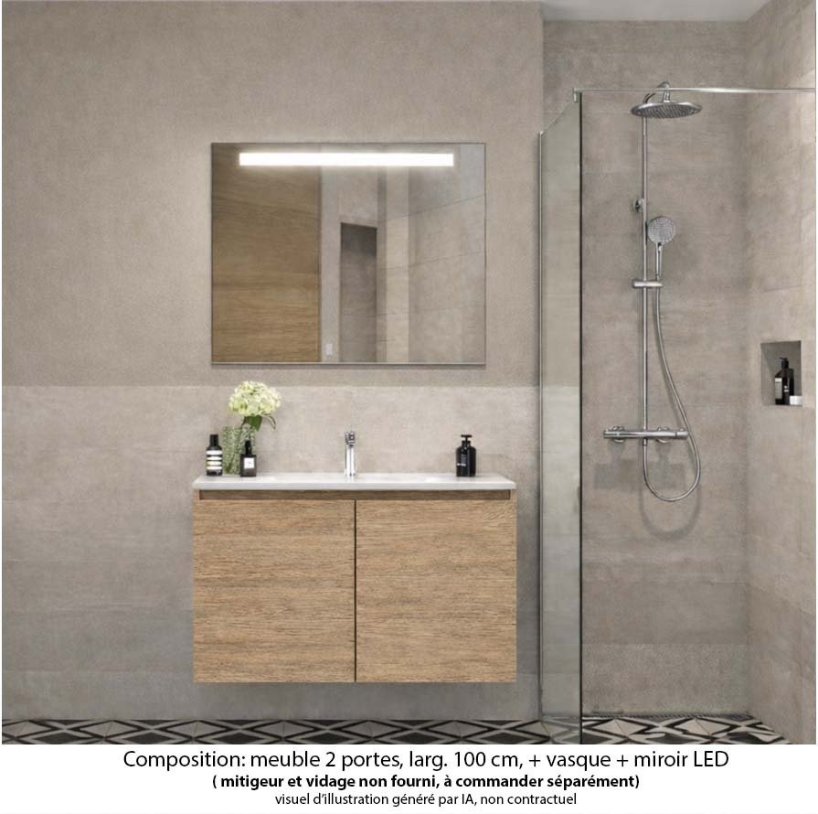 Ensemble meuble de salle de bain Oxford 80 cm chêne Sanremo, plan vasque marbre reconstitué,  2 portes , miroir LED