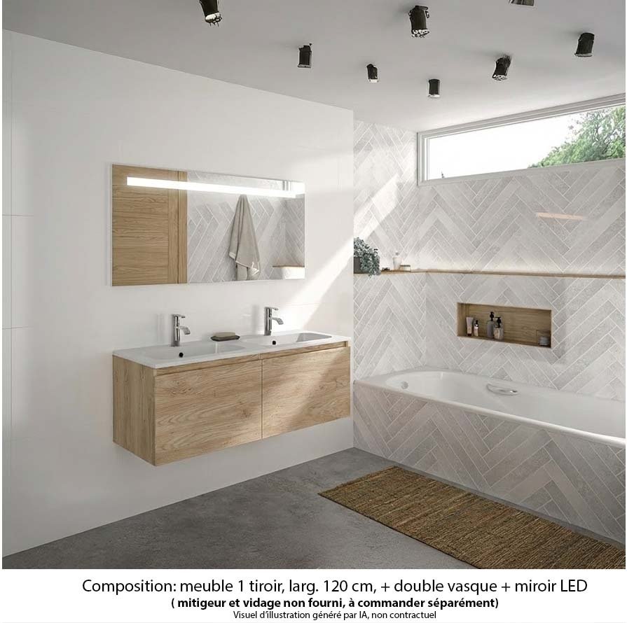 Ensemble meuble de salle de bain Oxford 120 cm chêne Sanremo, plan double vasque marbre reconstitué,  2 tiroirs , miroir LED