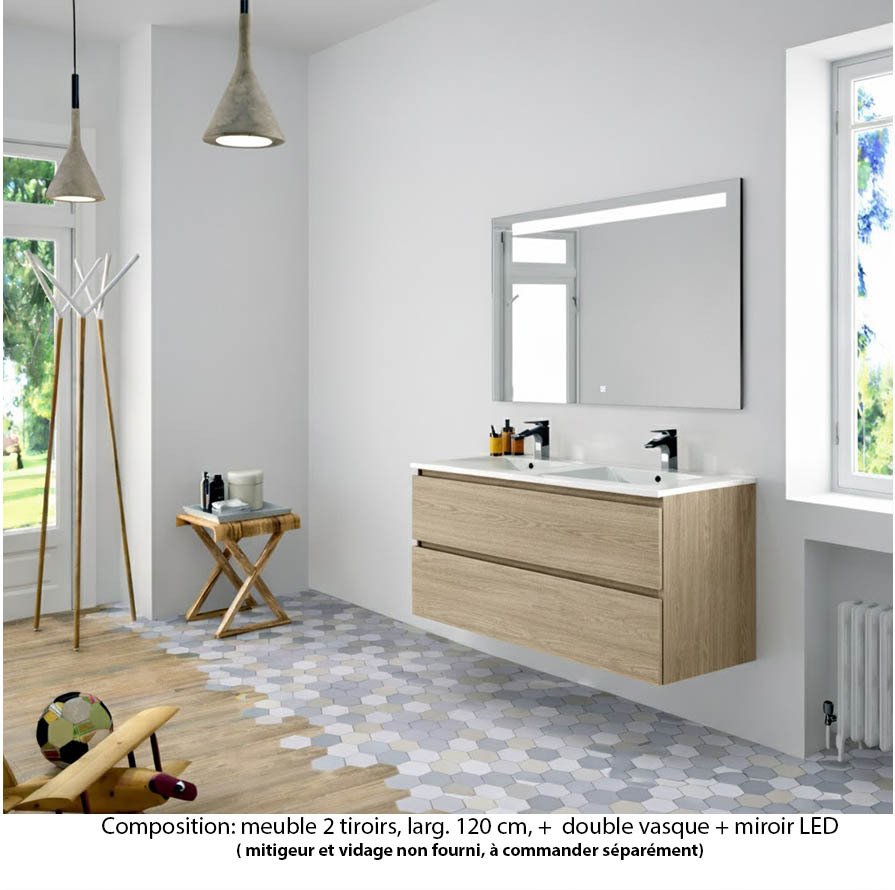 Ensemble meuble de salle de bain Oxford 120 cm chêne Sanremo, plan double vasque marbre reconstitué,  2 tiroirs , miroir LED