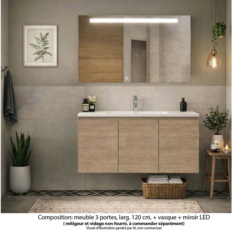 Ensemble meuble de salle de bain Oxford 120 cm chêne Sanremo, plan vasque céramique,  3 portes , miroir LED