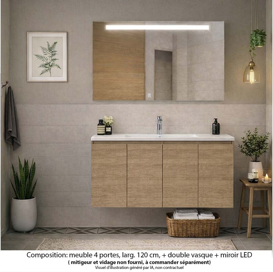 Ensemble meuble de salle de bain Oxford 120 cm chêne Sanremo, plan vasque marbre reconstitué,  4 portes , miroir LED
