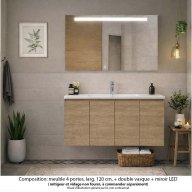 Ensemble meuble de salle de bain Oxford 120 cm chêne Sanremo, plan vasque marbre reconstitué, 4 portes , miroir LED