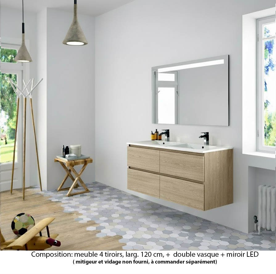 Ensemble meuble de salle de bain Oxford 120 cm chêne Sanremo, plan double double vasque marbre reconstitué,  4 tiroirs , miroir LED