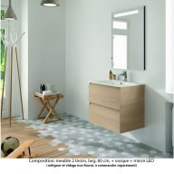 Ensemble meuble de salle de bain Oxford 80 cm chêne Sanremo, plan vasque marbre reconstitué, 2 tiroirs , miroir LED