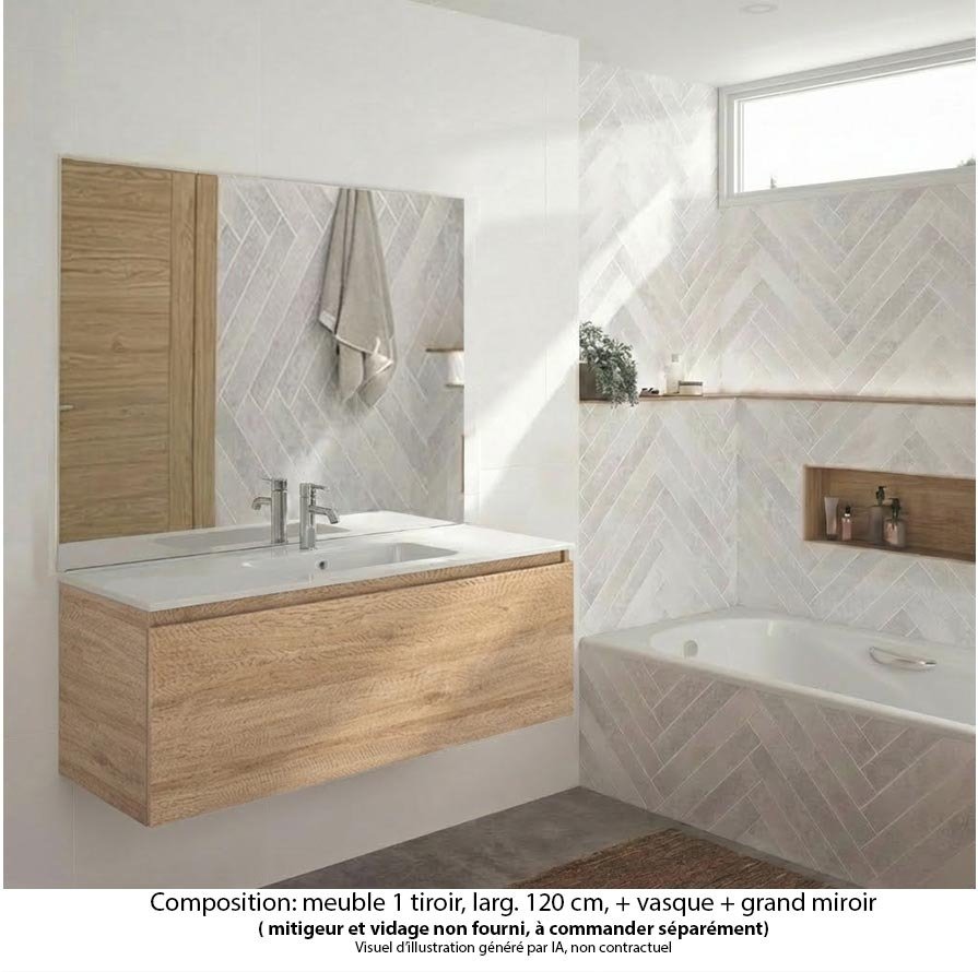 Ensemble meuble de salle de bain Oxford 120 cm chêne Sanremo, plan vasque marbre reconstitué,  1 tiroir , miroir haut. 110 cm