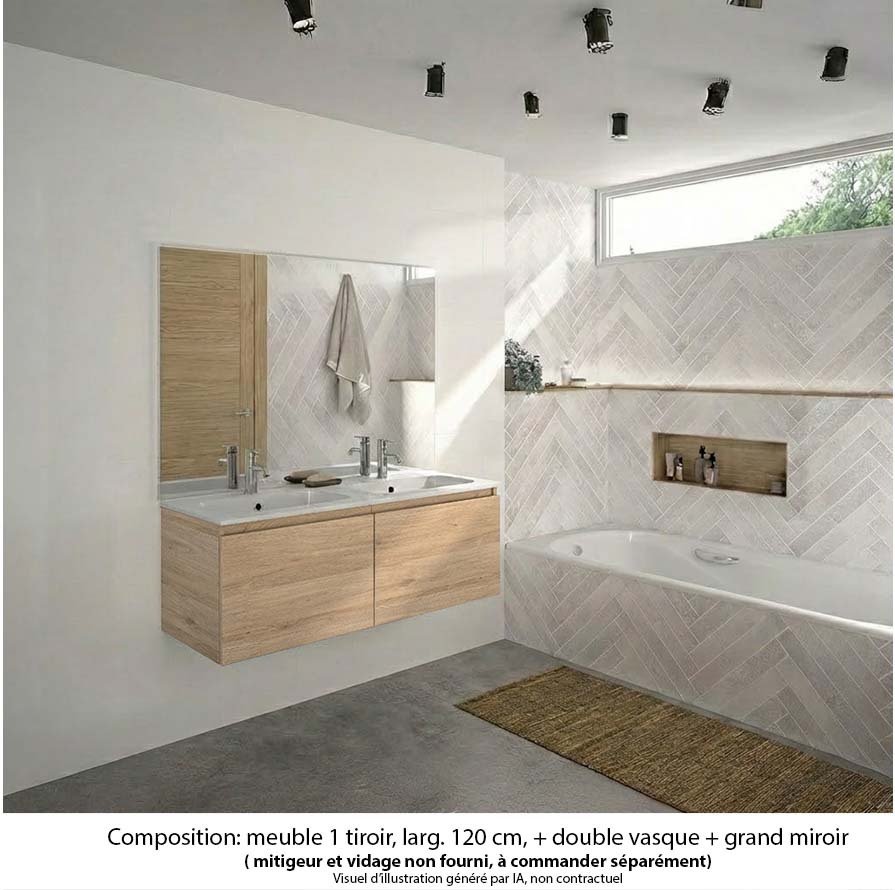 Ensemble meuble de salle de bain Oxford 120 cm chêne Sanremo, plan double vasque marbre reconstitué,  2 tiroirs , miroir haut. 110 cm