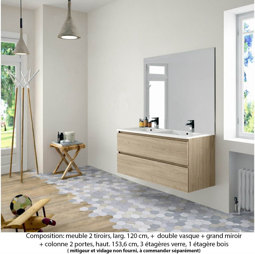 Ensemble meuble de salle de bain Oxford 120 cm chêne Sanremo, plan double vasque marbre reconstitué,  2 tiroirs , miroir haut. 110 cm