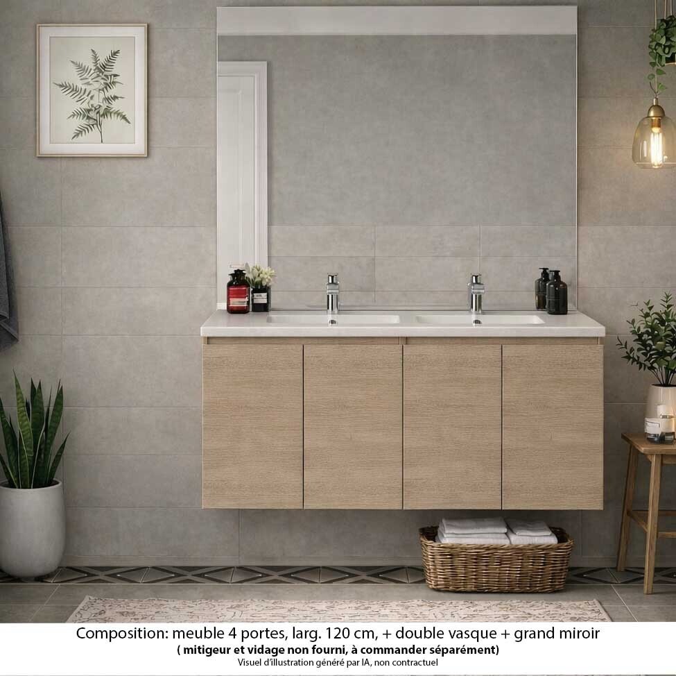 Ensemble meuble de salle de bain Oxford 120 cm chêne Sanremo, plan vasque marbre reconstitué,  4 portes , miroir haut. 110 cm