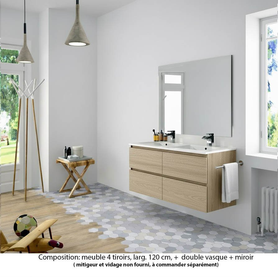 Ensemble meuble de salle de bain Oxford 120 cm chêne Sanremo, plan double double vasque marbre reconstitué,  4 tiroirs , miroir haut. 110 cm
