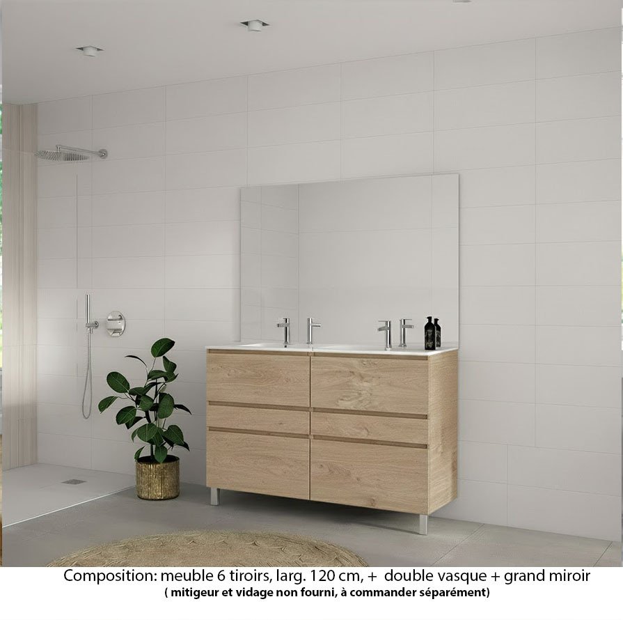 Ensemble meuble de salle de bain Oxford 120 cm chêne Sanremo, plan double vasque céramique,  6 tiroirs , miroir haut. 110 cm