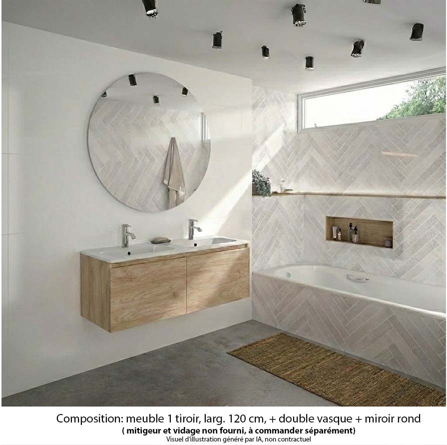 Ensemble meuble de salle de bain Oxford 120 cm chêne Sanremo, plan double vasque marbre reconstitué,  2 tiroirs , miroir rond