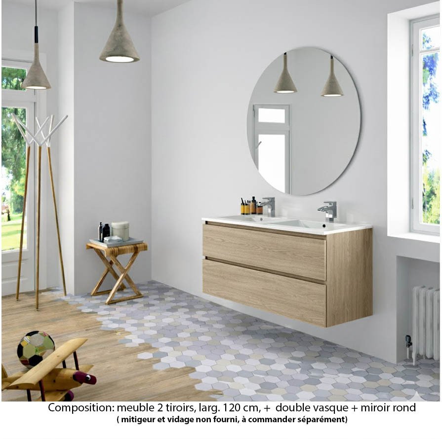 Ensemble meuble de salle de bain Oxford 120 cm chêne Sanremo, plan double vasque marbre reconstitué,  2 tiroirs , miroir rond