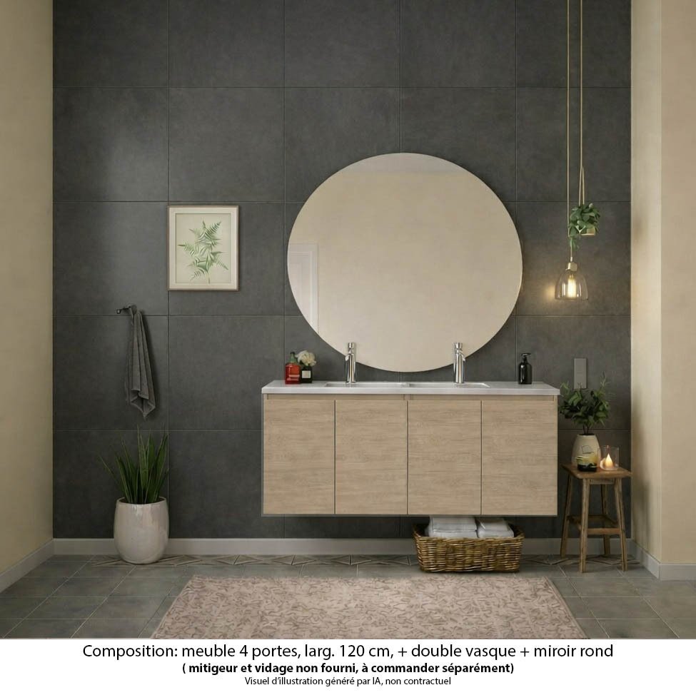 Ensemble meuble de salle de bain Oxford 120 cm chêne Sanremo, plan vasque marbre reconstitué,  4 portes , miroir rond
