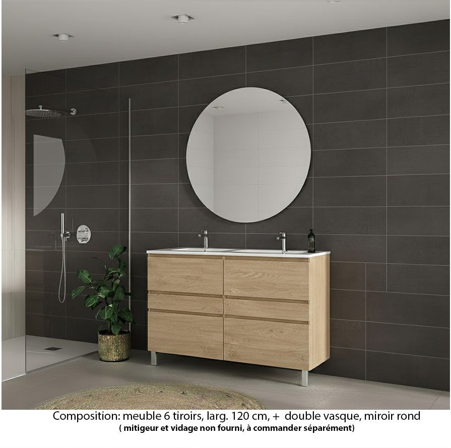 Ensemble meuble de salle de bain Oxford 120 cm chêne Sanremo, plan double vasque céramique,  6 tiroirs , miroir rond