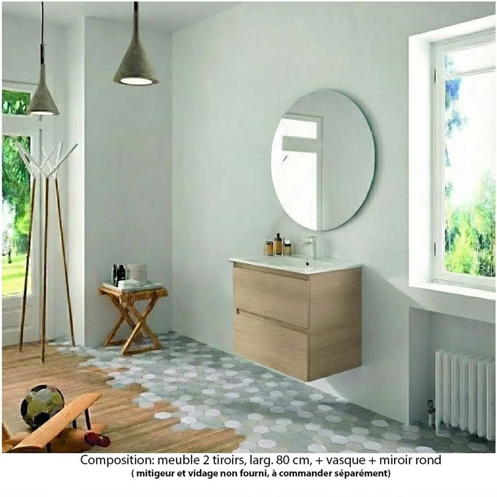 Ensemble meuble de salle de bain Oxford 80 cm chêne Sanremo, plan vasque marbre reconstitué,  2 tiroirs , miroir rond