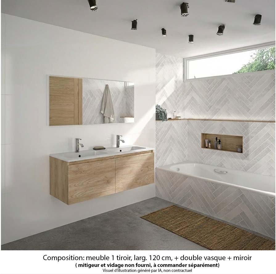Ensemble meuble de salle de bain Oxford 120 cm chêne Sanremo, plan double vasque marbre reconstitué,  2 tiroirs , miroir haut. 60 cm
