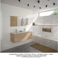 Ensemble meuble de salle de bain Oxford 120 cm chêne Sanremo, plan double vasque marbre reconstitué, 2 tiroirs , miroir haut. 60 cm