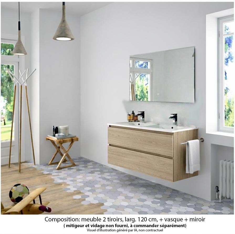 Ensemble meuble de salle de bain Oxford 120 cm chêne Sanremo, plan double vasque marbre reconstitué,  2 tiroirs , miroir haut. 60 cm