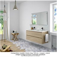 Ensemble meuble de salle de bain Oxford 120 cm chêne Sanremo, plan double vasque marbre reconstitué, 2 tiroirs , miroir haut. 60 cm