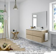 Ensemble meuble de salle de bain Oxford 140 cm chêne Sanremo, plan double double vasque marbre reconstitué, 4 tiroirs , miroir haut. 60 cm