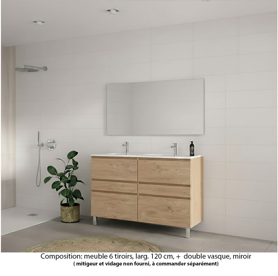 Ensemble meuble de salle de bain Oxford 120 cm chêne Sanremo, plan double vasque céramique,  6 tiroirs , miroir haut. 60 cm
