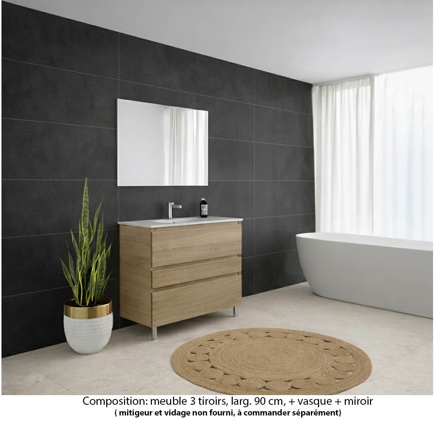 Ensemble meuble de salle de bain Oxford 80 cm chêne Sanremo, plan vasque marbre reconstitué,  3 tiroirs , miroir haut. 60 cm