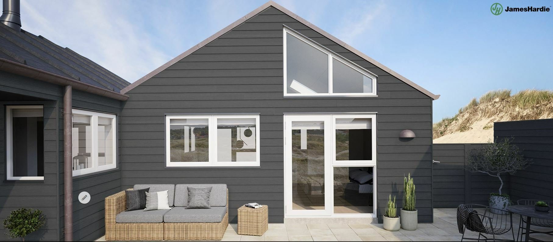 Bardage clin à emboîtement fibres-ciment hardie Plank VL, couleur gris anthracite, cédar