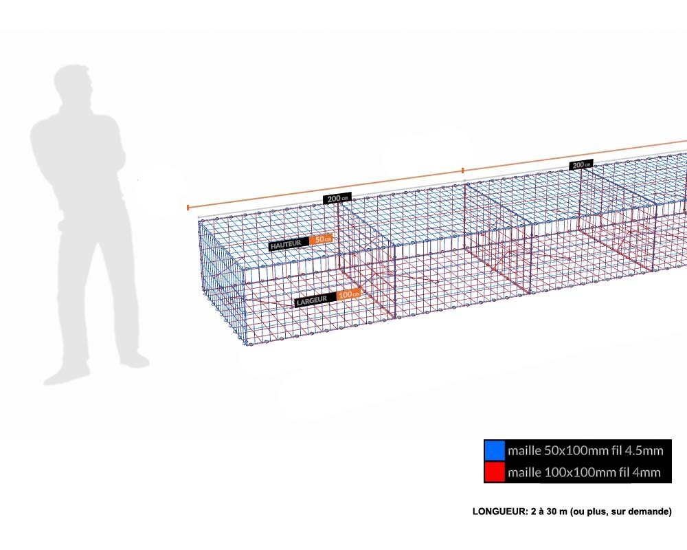 Kit gabion 50 cm (H) x 100 cm (L), pour soutènement, assemblage agrafes, mailles 5 x 10 cm, grilles non visibles mailles 10 x 10 cm