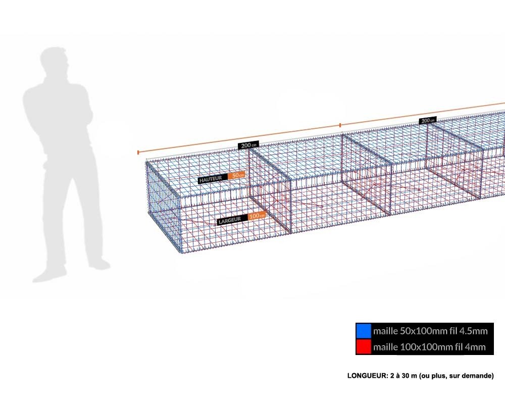Kit gabion 50 cm (H) x 100 cm (L), pour soutènement, assemblage spirales, mailles 5 x 10 cm, grilles non visibles mailles 10 x 10 cm