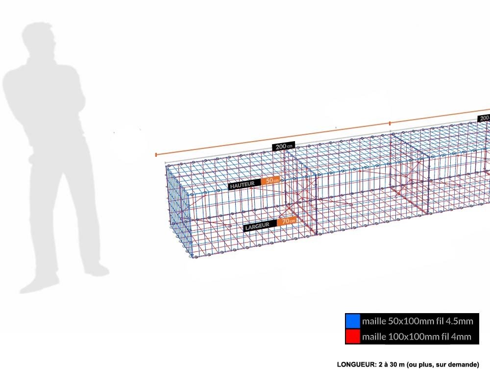 Kit gabion 50 cm (H) x 70 cm (L), pour soutènement, assemblage agrafes, mailles 5 x 10 cm, grilles non visibles mailles 10 x 10 cm