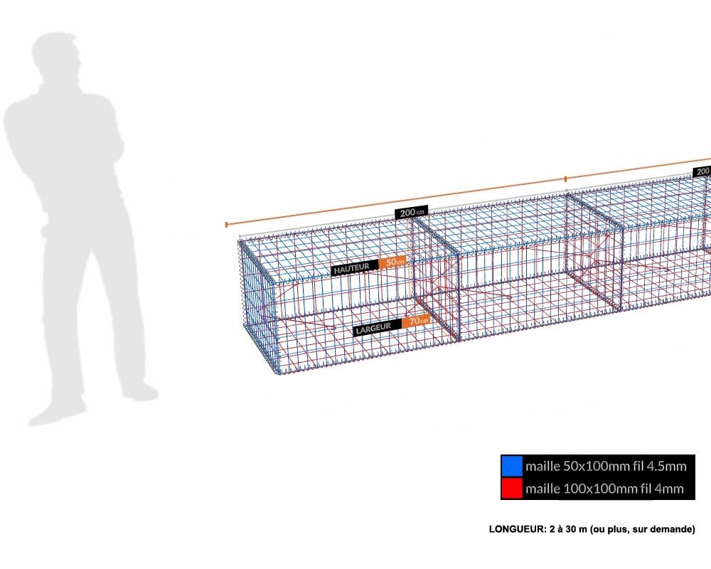 Kit gabion 50 cm (H) x 70 cm (L), pour soutènement, assemblage spirales, mailles 5 x 10 cm, grilles non visibles mailles 10 x 10 cm