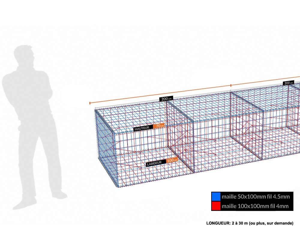 Kit gabion 70 cm (H) x 100 cm (L), pour soutènement, assemblage spirales, mailles 5 x 10 cm, grilles non visibles mailles 10 x 10 cm