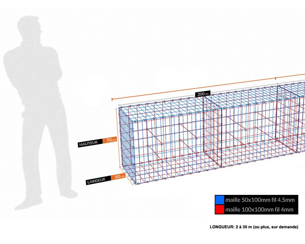 Kit gabion 70 cm (H) x 50 cm (L), pour soutènement, assemblage agrafes, mailles 5 x 10 cm, grilles non visibles mailles 10 x 10 cm