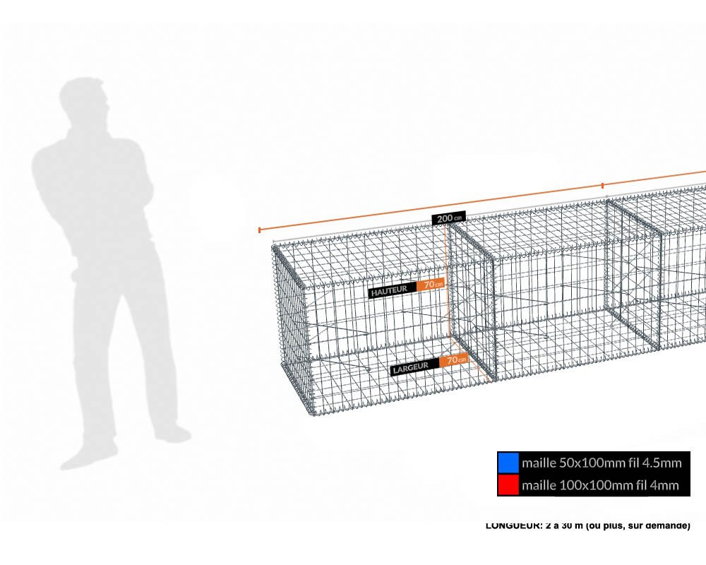 Kit gabion 70 cm (L) x 70 cm (H), pour soutènement, assemblage spirales, mailles 5 x 10 cm, grilles non visibles mailles 10 x 10 cm