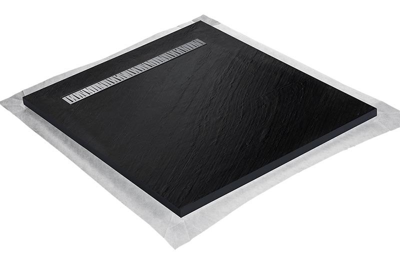 Receveur pierre naturelle graphite noir 120 x 120 cm - grille caniveau acier excentrée