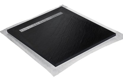 Vignette Receveur pierre naturelle graphite noir 100 x 100 cm - grille caniveau acier excentrée