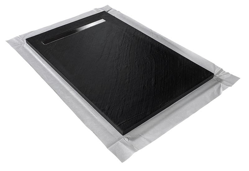 Receveur pierre naturelle graphite noir 150 x 100 cm - grille caniveau acier excentrée